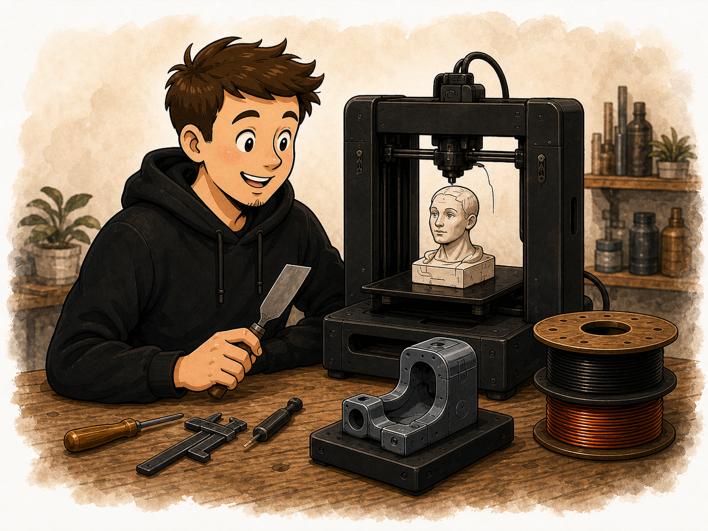 Maker beside a 3D printer and finished printed part