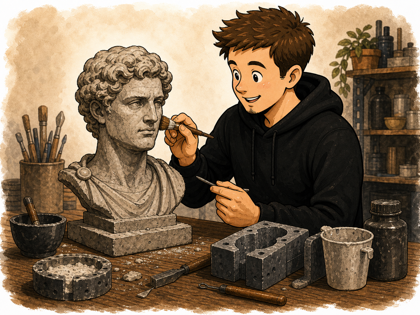 Maker hand-finishing a classical stone bust