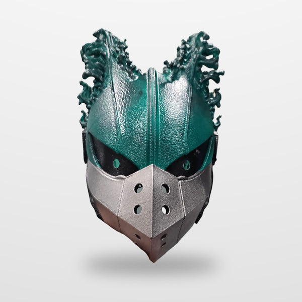 Dark Deku helmet hand-painted in metallic green with a silver mouthguard, front view