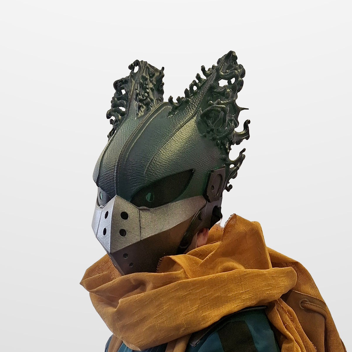 Dark Deku helmet worn, front three-quarter view showing the sculpted hair and vented mouthguard
