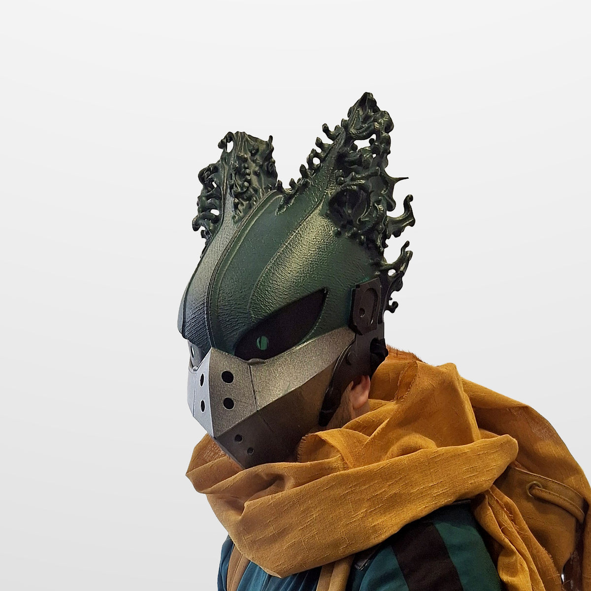 Dark Deku helmet worn, side view of the hair spikes and mechanical side details