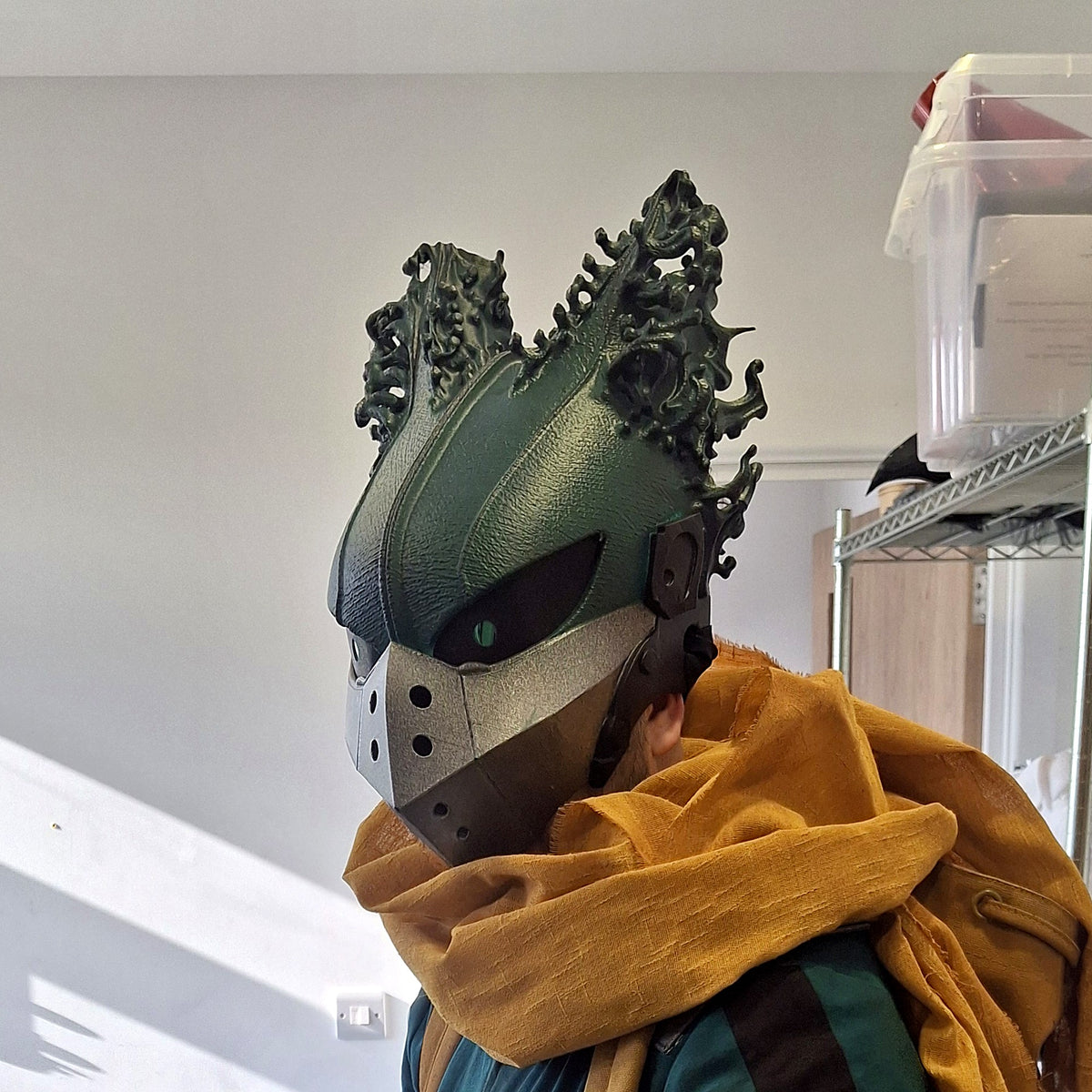 Dark Deku helmet worn, side view, original photo