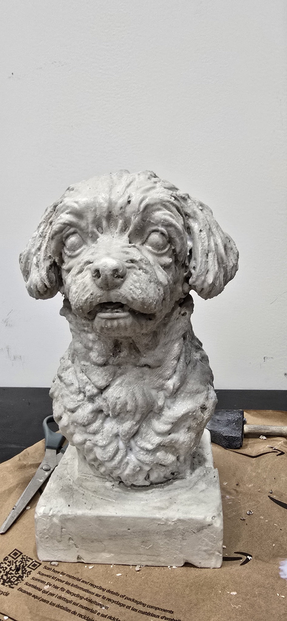 Work in progress: fresh cast of a dog bust before hand-finishing