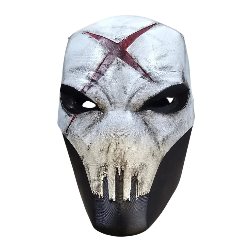Mask with a white and black design on a white background With Red X on forehead