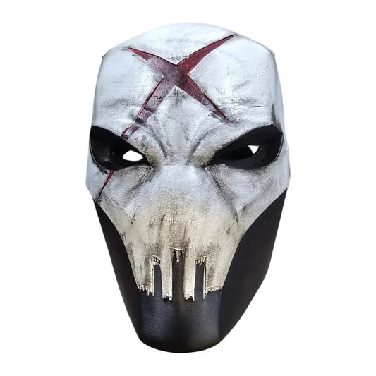 Mask with a white and black design on a white background With Red X on forehead