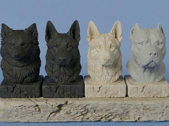 Custom memorial pet bust hand-finished in a stone-style grey finish