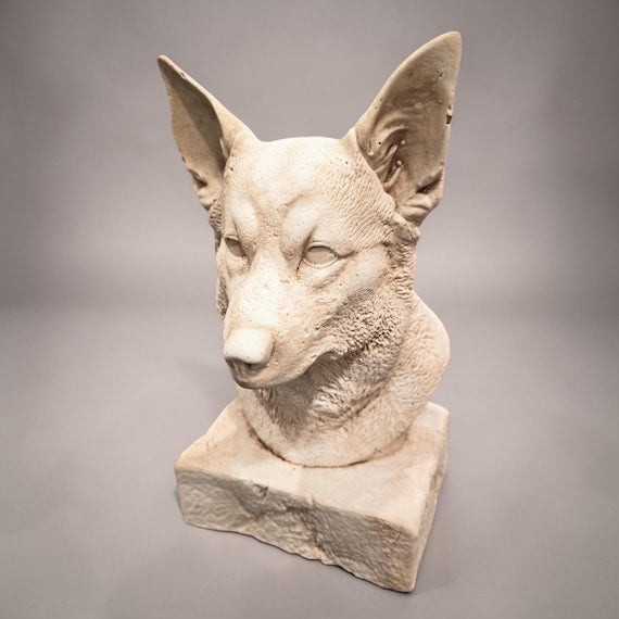 Pembroke Welsh Corgi bust statue in a stone-style finish