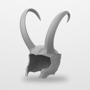 A 3D-rendered gray horned helmet, likely a fantasy or cosplay headpiece, shown on a light gray gradient background with a soft shadow underneath.