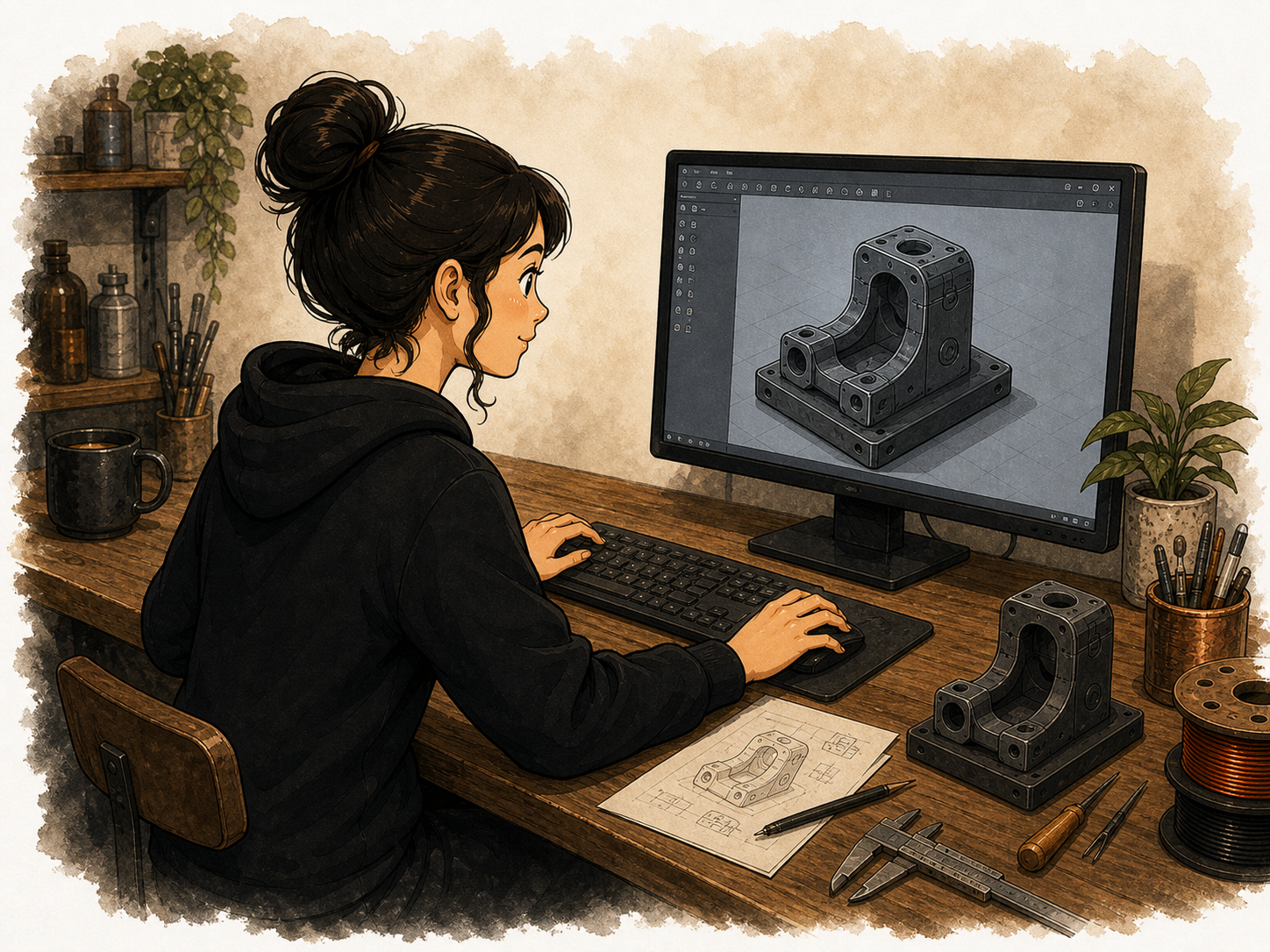 Maker refining a CAD model on a desktop monitor