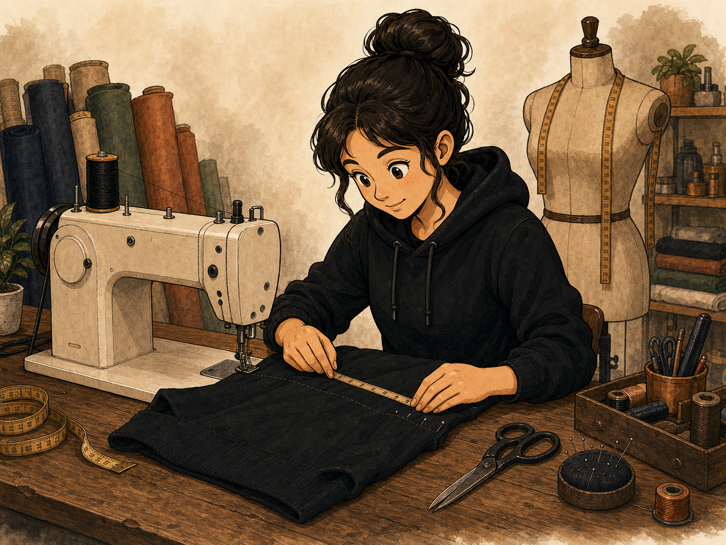 Maker measuring and stitching a plain garment panel